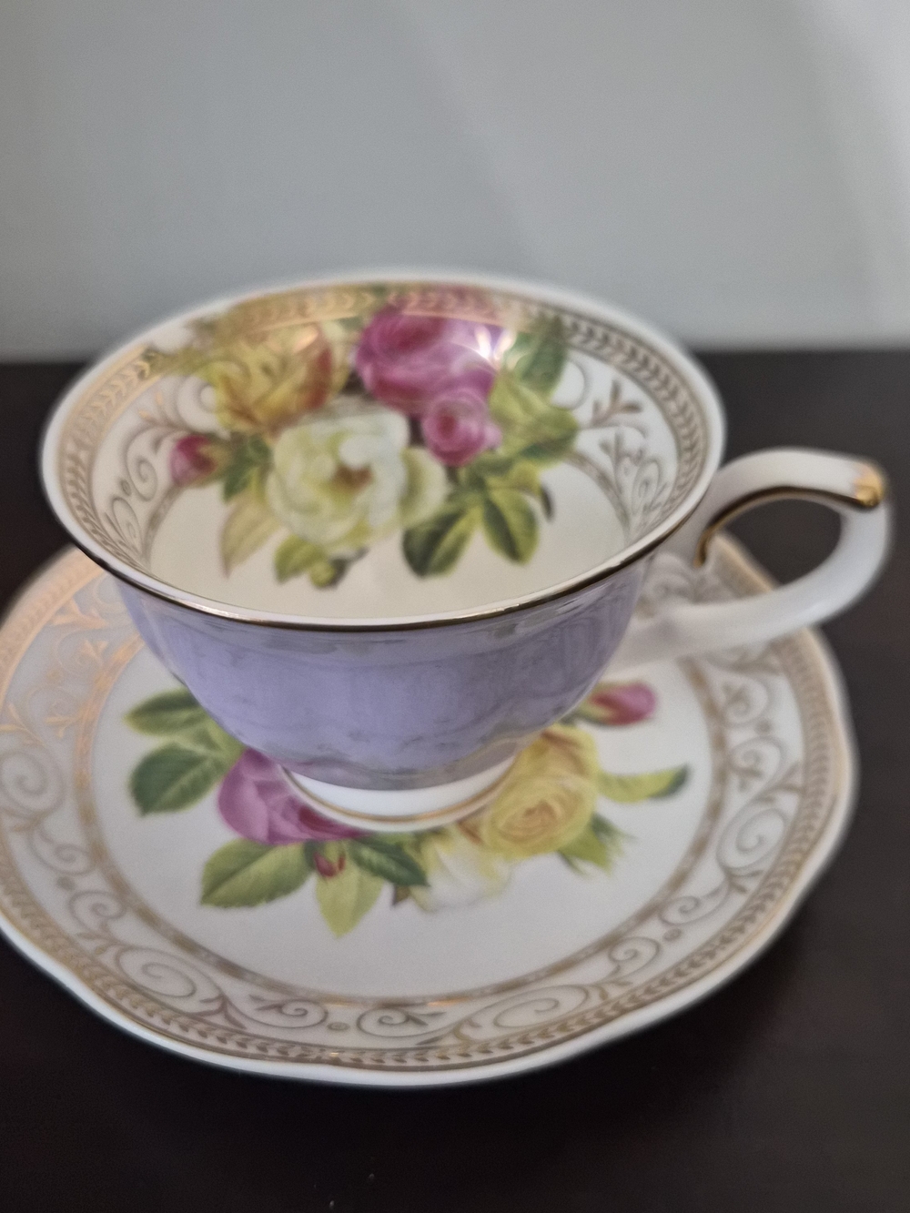 Grace Teaware Floral Porcelain Teacup & Saucer Set – Lavender & Gold Trim - Picture 5 of 6
